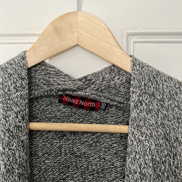 Cardigan tunic, ladies open front, light gray with ivory and red hem /cuffs,L/XL - Picture 3 of 6